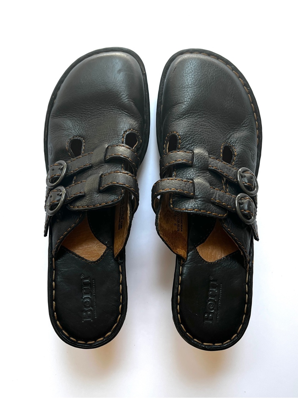 Born Black Leather Double-Buckle Clogs Mules Size 9 EU 40.5